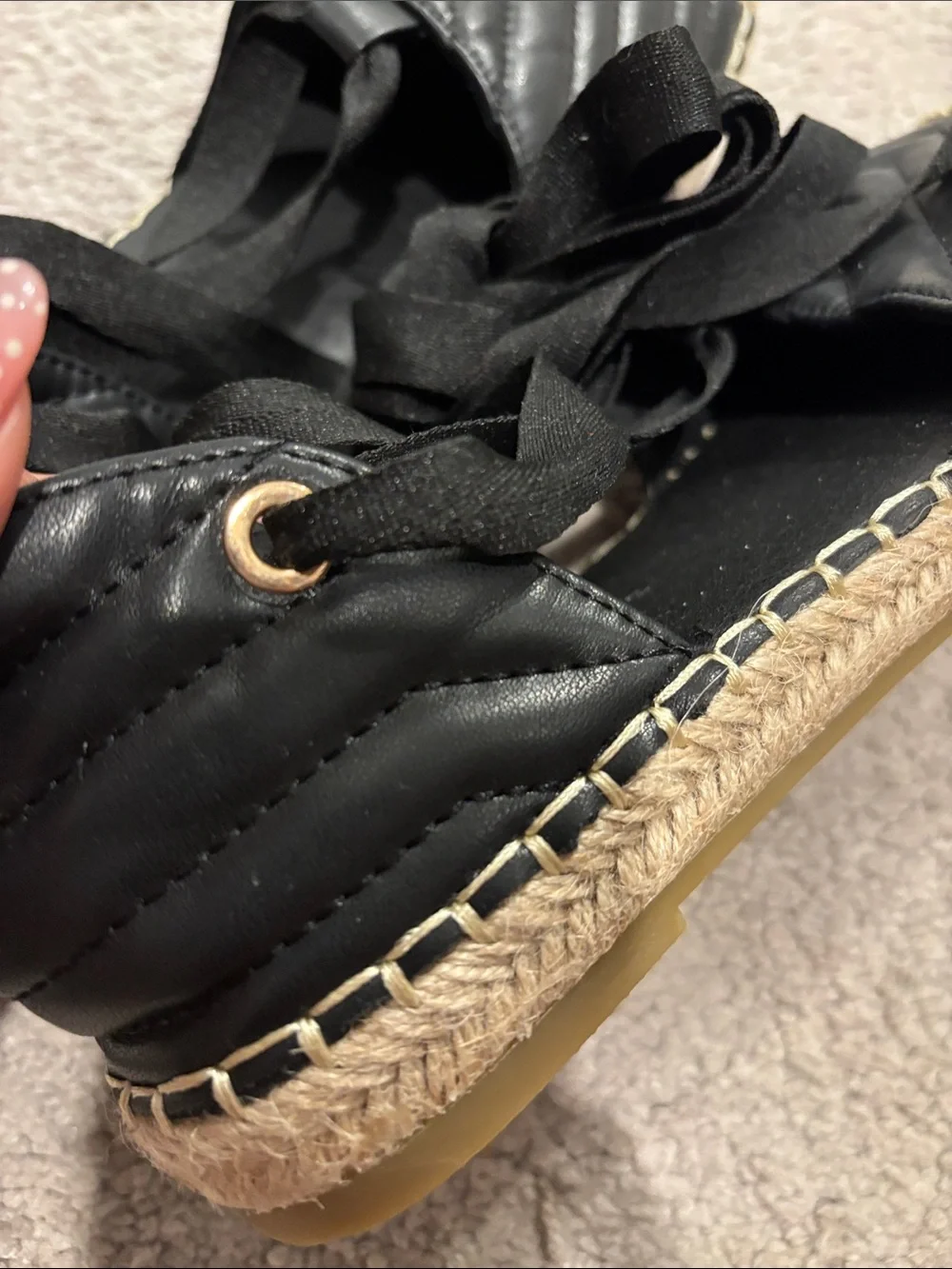 Black Quilted Espadrille Flats with Lace-Up Tie